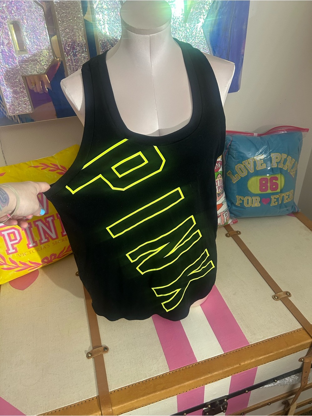 PINK Victoria's Secret Black Tank with Neon Yellow Graphic